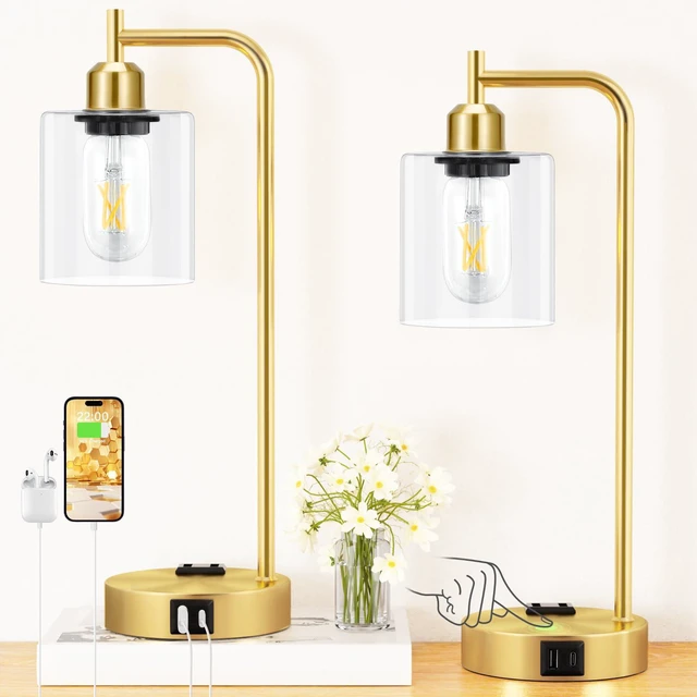 Main image of Industrial Gold Table Lamp for Bedrooms Set of 2-3-Way Dimmable Desk Lamp with USB C+A Ports and Outlet, Gold Lamps with Clear Glass Shade for Living Room, Desk Lamps for Home Office