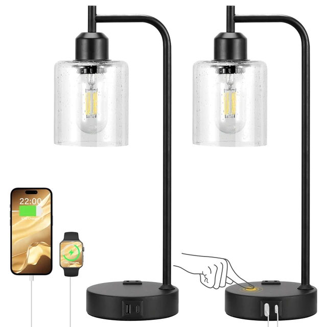 Alt view image 7 of 7 - Industrial Touch Table Lamps for Bedrooms Set of 2 - 3-Way Dimmable Lamps with USB C+A Ports and Outlet, Black Bedside Lamps with Seeded Clear Glass Shade for Living Room, Desk Lamps for Home Office