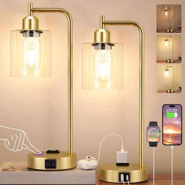 Alt view image 2 of 7 - Industrial Gold Table Lamp for Bedrooms Set of 2-3-Way Dimmable Desk Lamp with USB C+A Ports and Outlet, Gold Lamps with Clear Glass Shade for Living Room, Desk Lamps for Home Office
