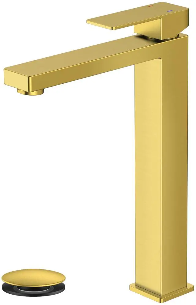 Main image of Vessel Sink Faucet Single Hole, Brushed Gold Tall Bathroom Faucets Modern Tall Single Handle Space Saving Design, with Pop up Drain for Basin Bowl Vanity Lavatory Residential/Commercial Use