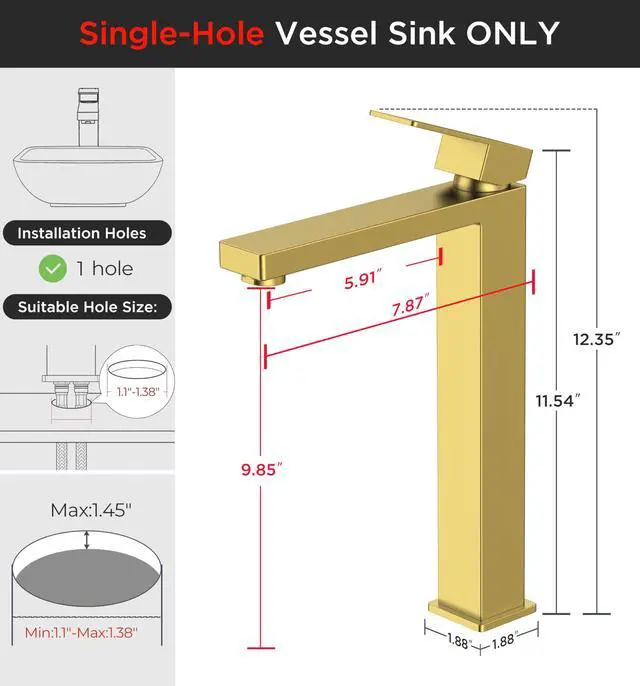 Alt view image 2 of 7 - Vessel Sink Faucet Single Hole, Brushed Gold Tall Bathroom Faucets Modern Tall Single Handle Space Saving Design, with Pop up Drain for Basin Bowl Vanity Lavatory Residential/Commercial Use
