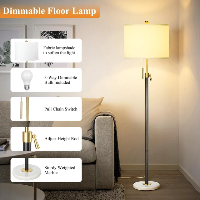 Alt view image 4 of 7 - Floor Lamp for Living Room Adjustable Tall Standing Lamp, 3-Way Dimmable Floor Lamp for Bedroom Office, Black Gold Lamp with Marble Base and White Linen Shade