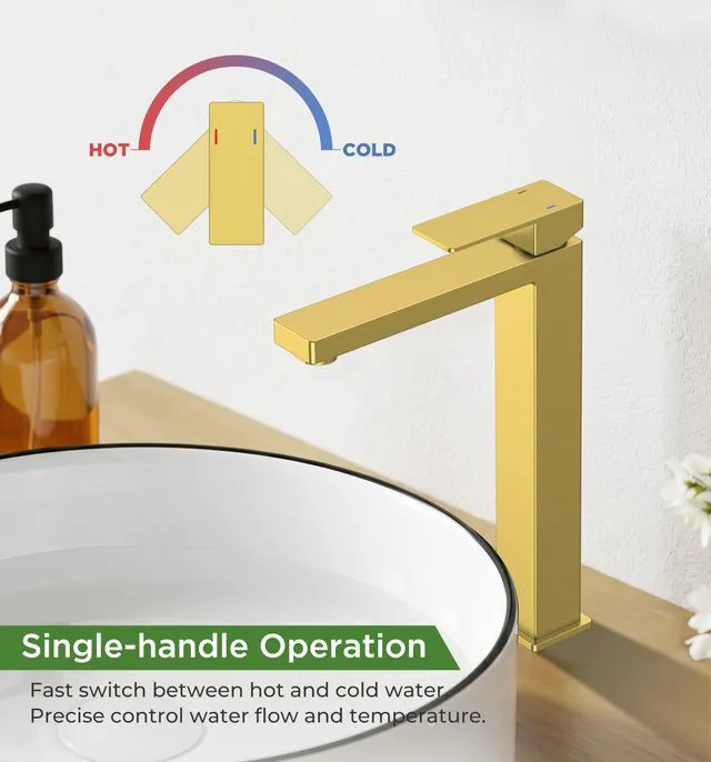 Alt view image 7 of 7 - Vessel Sink Faucet Single Hole, Brushed Gold Tall Bathroom Faucets Modern Tall Single Handle Space Saving Design, with Pop up Drain for Basin Bowl Vanity Lavatory Residential/Commercial Use