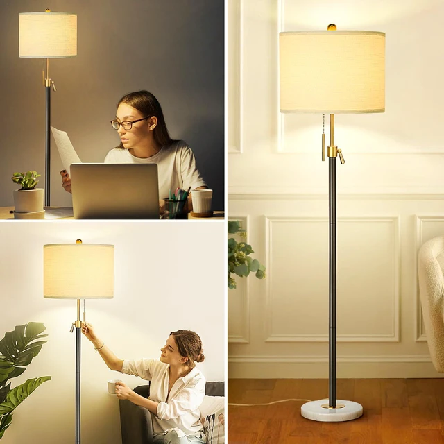 Alt view image 6 of 7 - Floor Lamp for Living Room Adjustable Tall Standing Lamp, 3-Way Dimmable Floor Lamp for Bedroom Office, Black Gold Lamp with Marble Base and White Linen Shade