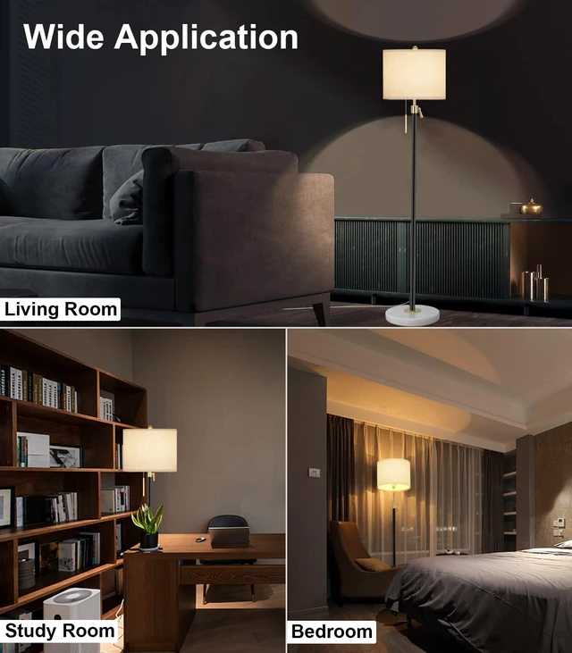 Alt view image 7 of 7 - Floor Lamp for Living Room Adjustable Tall Standing Lamp, 3-Way Dimmable Floor Lamp for Bedroom Office, Black Gold Lamp with Marble Base and White Linen Shade