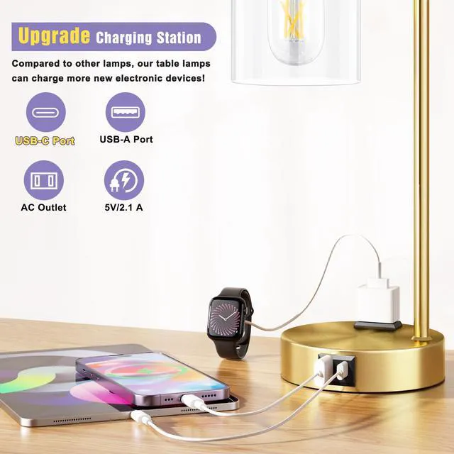 Alt view image 3 of 7 - Industrial Gold Table Lamp for Bedrooms Set of 2-3-Way Dimmable Desk Lamp with USB C+A Ports and Outlet, Gold Lamps with Clear Glass Shade for Living Room, Desk Lamps for Home Office