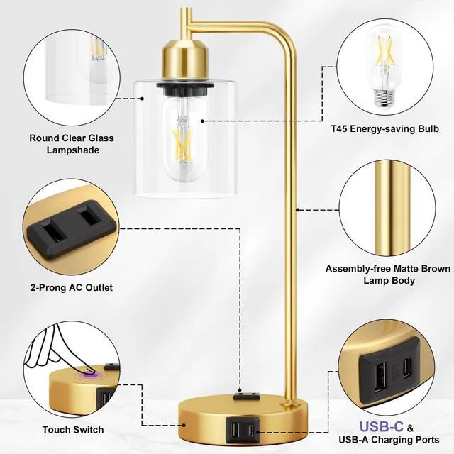 Alt view image 4 of 7 - Industrial Gold Table Lamp for Bedrooms Set of 2-3-Way Dimmable Desk Lamp with USB C+A Ports and Outlet, Gold Lamps with Clear Glass Shade for Living Room, Desk Lamps for Home Office