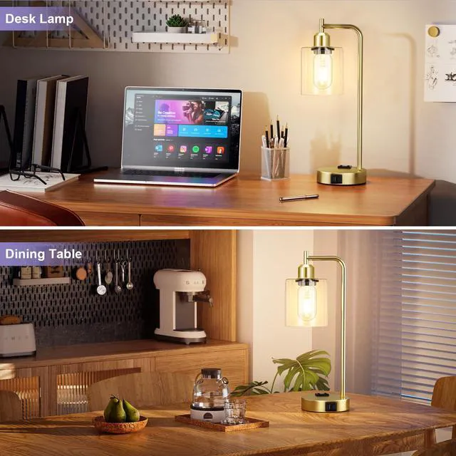 Alt view image 5 of 7 - Industrial Gold Table Lamp for Bedrooms Set of 2-3-Way Dimmable Desk Lamp with USB C+A Ports and Outlet, Gold Lamps with Clear Glass Shade for Living Room, Desk Lamps for Home Office