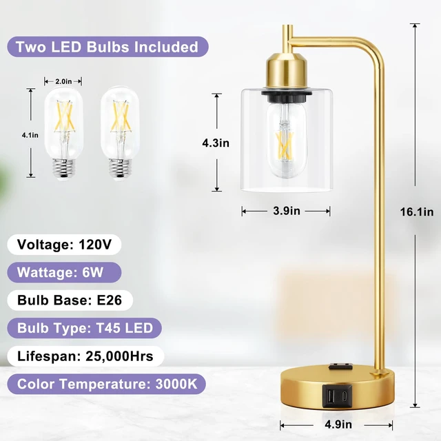 Alt view image 7 of 7 - Industrial Gold Table Lamp for Bedrooms Set of 2-3-Way Dimmable Desk Lamp with USB C+A Ports and Outlet, Gold Lamps with Clear Glass Shade for Living Room, Desk Lamps for Home Office