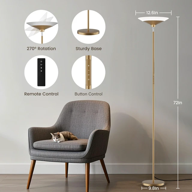 Alt view image 2 of 7 - Torchiere Floor Lamp - 72" Tall LED Standing Lamp with Remote/Button Control, 1800Lm, 3000-6500K, 30W Dimmable Modern Corner Floor Light for Living Room Bedroom Office Apartment, Golden