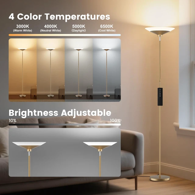 Alt view image 3 of 7 - Torchiere Floor Lamp - 72" Tall LED Standing Lamp with Remote/Button Control, 1800Lm, 3000-6500K, 30W Dimmable Modern Corner Floor Light for Living Room Bedroom Office Apartment, Golden