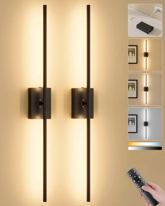 Main image of Battery Operated Wall Sconces Set of 2, Remote Control, 10000mAh, Black Wireless Rechargeable 3000-6000K Dimmable 350° Rotate Wall Light with Remote for Living Room Bedroom TV Wall Mirror 23.6in