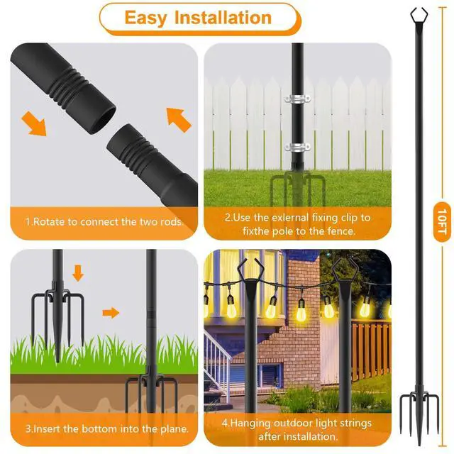 Alt view image 7 of 7 - 4 Pack String Light Poles,10 Ft Light Poles for Outside String Lights,Outdoor Lights Pole with Fork,Metal Poles Stand for Patio Deck Backyard