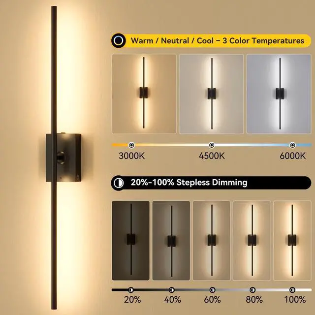 Alt view image 2 of 7 - Battery Operated Wall Sconces Set of 2, Remote Control, 10000mAh, Black Wireless Rechargeable 3000-6000K Dimmable 350° Rotate Wall Light with Remote for Living Room Bedroom TV Wall Mirror 23.6in