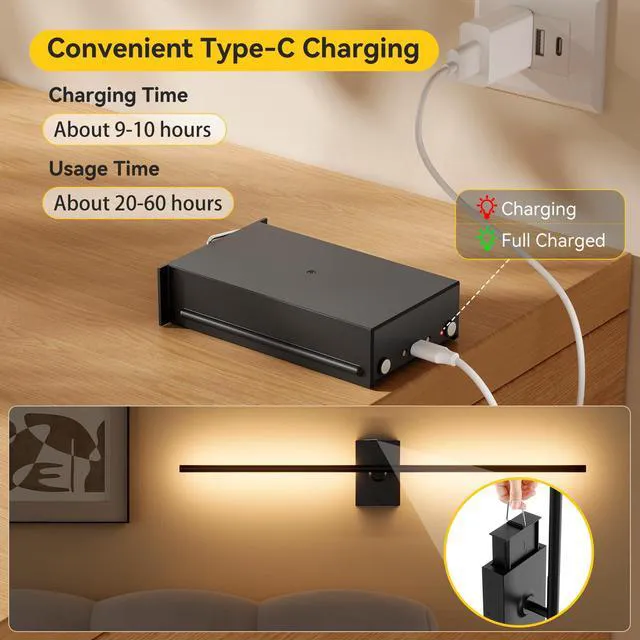 Alt view image 3 of 7 - Battery Operated Wall Sconces Set of 2, Remote Control, 10000mAh, Black Wireless Rechargeable 3000-6000K Dimmable 350° Rotate Wall Light with Remote for Living Room Bedroom TV Wall Mirror 23.6in