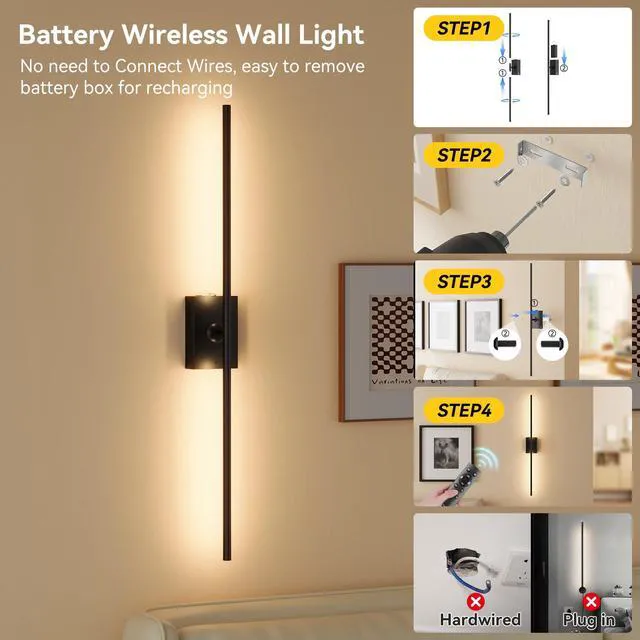 Alt view image 4 of 7 - Battery Operated Wall Sconces Set of 2, Remote Control, 10000mAh, Black Wireless Rechargeable 3000-6000K Dimmable 350° Rotate Wall Light with Remote for Living Room Bedroom TV Wall Mirror 23.6in