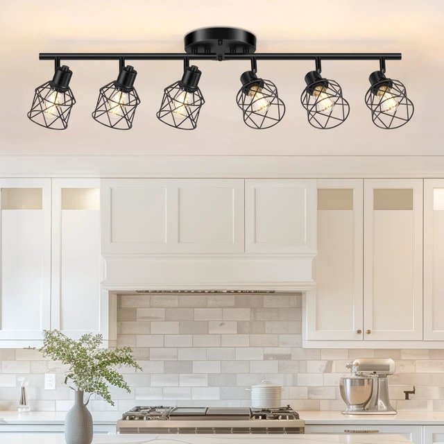 Main image of 6-Lights Black Semi Flush Mount Ceiling Light, Multi-Directional Ceiling Light Fixtures, Rotatable Kitchen Track Lighting Fixtures with Wire Cages for Living Room, Dining Table, Foyer