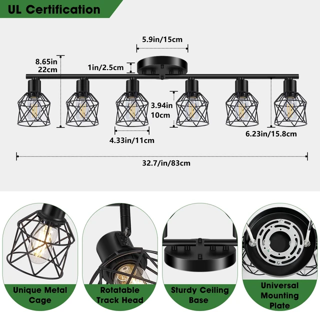 Alt view image 2 of 7 - 6-Lights Black Semi Flush Mount Ceiling Light, Multi-Directional Ceiling Light Fixtures, Rotatable Kitchen Track Lighting Fixtures with Wire Cages for Living Room, Dining Table, Foyer