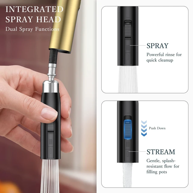Alt view image 4 of 7 - Kitchen Faucet with Hidden Pull Down Sprayer, Gold Single Handle Lead-Free, Stainless Steel, High Arc Sink Faucet with Deck Plate, 1 or 3 Hole Mount for Bar RV Outdoor Laundry Farmhouse