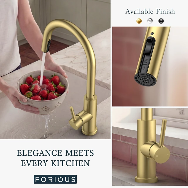 Alt view image 7 of 7 - Kitchen Faucet with Hidden Pull Down Sprayer, Gold Single Handle Lead-Free, Stainless Steel, High Arc Sink Faucet with Deck Plate, 1 or 3 Hole Mount for Bar RV Outdoor Laundry Farmhouse