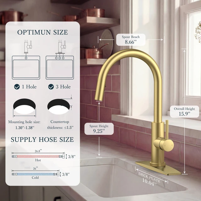 Alt view image 2 of 7 - Kitchen Faucet with Hidden Pull Down Sprayer, Gold Single Handle Lead-Free, Stainless Steel, High Arc Sink Faucet with Deck Plate, 1 or 3 Hole Mount for Bar RV Outdoor Laundry Farmhouse