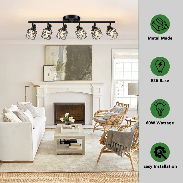 Alt view image 3 of 7 - 6-Lights Black Semi Flush Mount Ceiling Light, Multi-Directional Ceiling Light Fixtures, Rotatable Kitchen Track Lighting Fixtures with Wire Cages for Living Room, Dining Table, Foyer