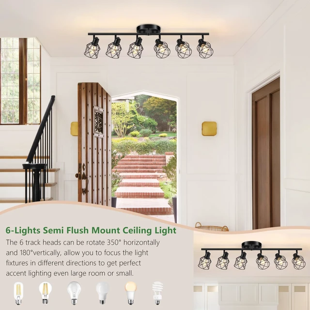 Alt view image 4 of 7 - 6-Lights Black Semi Flush Mount Ceiling Light, Multi-Directional Ceiling Light Fixtures, Rotatable Kitchen Track Lighting Fixtures with Wire Cages for Living Room, Dining Table, Foyer