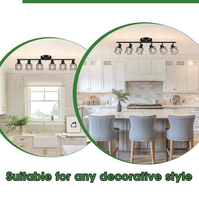 Alt view image 5 of 7 - 6-Lights Black Semi Flush Mount Ceiling Light, Multi-Directional Ceiling Light Fixtures, Rotatable Kitchen Track Lighting Fixtures with Wire Cages for Living Room, Dining Table, Foyer
