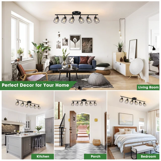 Alt view image 7 of 7 - 6-Lights Black Semi Flush Mount Ceiling Light, Multi-Directional Ceiling Light Fixtures, Rotatable Kitchen Track Lighting Fixtures with Wire Cages for Living Room, Dining Table, Foyer