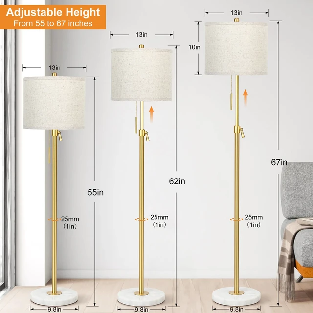 Alt view image 2 of 6 - 55-67" Adjustable Floor Lamp, Anti-tip Base, 3Way Bulb, Pull Chain Dimmable Standing Lamp for Living Room, Gold Tall Pole Lamp for Bedroom Office Reading Corner Home Decor Gift