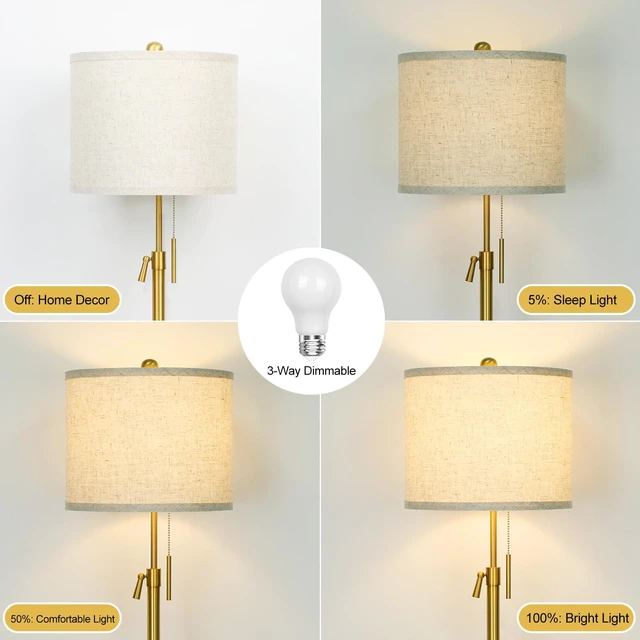 Alt view image 3 of 6 - 55-67" Adjustable Floor Lamp, Anti-tip Base, 3Way Bulb, Pull Chain Dimmable Standing Lamp for Living Room, Gold Tall Pole Lamp for Bedroom Office Reading Corner Home Decor Gift