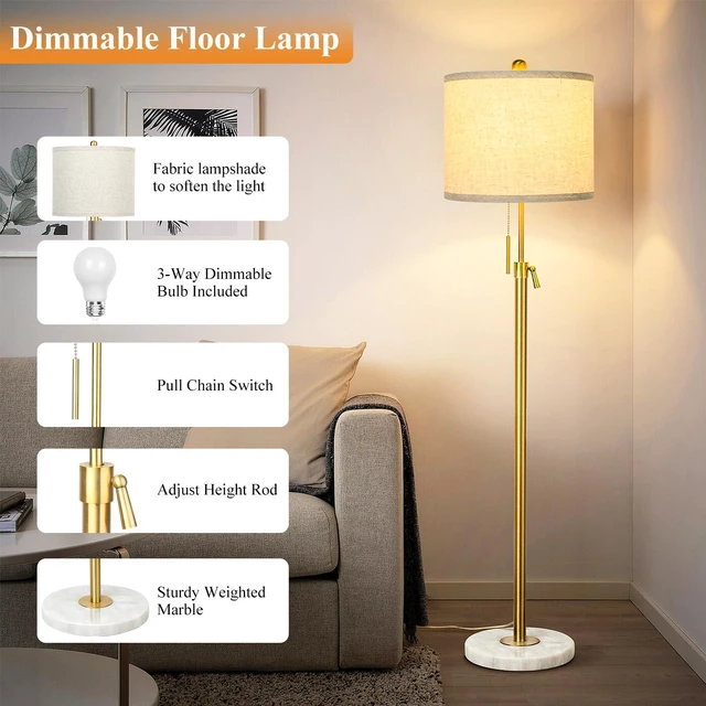Alt view image 4 of 6 - 55-67" Adjustable Floor Lamp, Anti-tip Base, 3Way Bulb, Pull Chain Dimmable Standing Lamp for Living Room, Gold Tall Pole Lamp for Bedroom Office Reading Corner Home Decor Gift