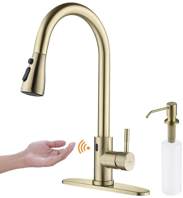 Main image of Touchless Faucet with Pull Down Sprayer, Motion Sensor & Soap Dispenser - Single High Arc Pull Out Faucet for Kitchen Sink, RV, Gold