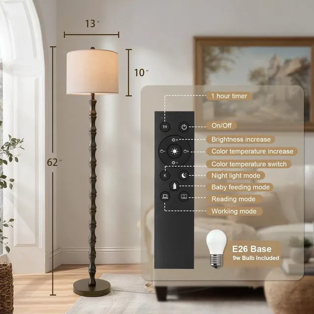 Alt view image 3 of 7 - 62" Rustic Farmhouse Floor Lamp Dark Brown with Remote & Dimmable 9W Bulb, 3 Color Temperatures Resin Standing Lamp, Retro Tall Lamp for Living Room, Bedroom, Nursery, Office, Reading Nook