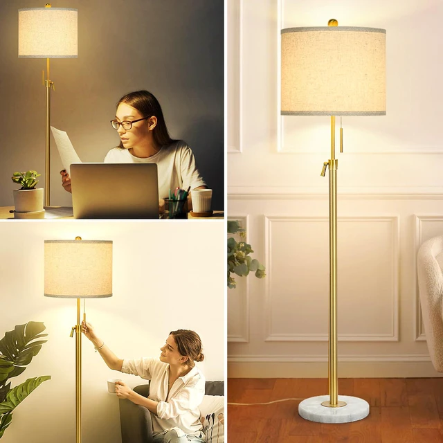 Alt view image 6 of 6 - 55-67" Adjustable Floor Lamp, Anti-tip Base, 3Way Bulb, Pull Chain Dimmable Standing Lamp for Living Room, Gold Tall Pole Lamp for Bedroom Office Reading Corner Home Decor Gift