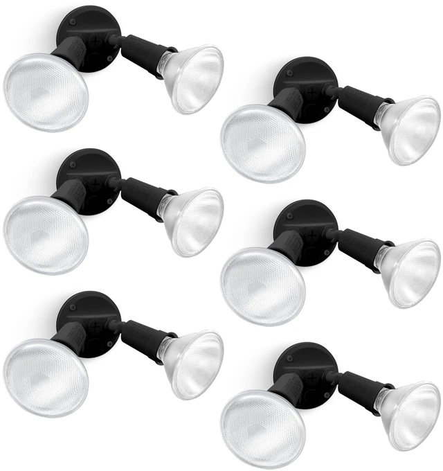 Main image of 6 Pack Adjustable Twin Par Holder Outdoor Flood Lights, Switch Controlled Security Lights, Floodlights Fixture, Waterproof Exterior Max 300 Watt Par38 Flood Light for Garage, Yard, Porch-Black