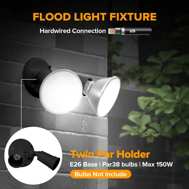 Alt view image 3 of 7 - 6 Pack Adjustable Twin Par Holder Outdoor Flood Lights, Switch Controlled Security Lights, Floodlights Fixture, Waterproof Exterior Max 300 Watt Par38 Flood Light for Garage, Yard, Porch-Black