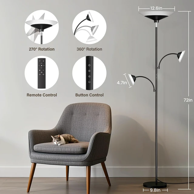 Alt view image 2 of 7 - 42W 3-Light Torchiere Floor Lamp, LED Tree Standing Lamp Dimmable Bright Floor Lamp with Remote, 2300LM, 3 Color Temperatures, 72" Tall, for Living Room, Bedroom and Office