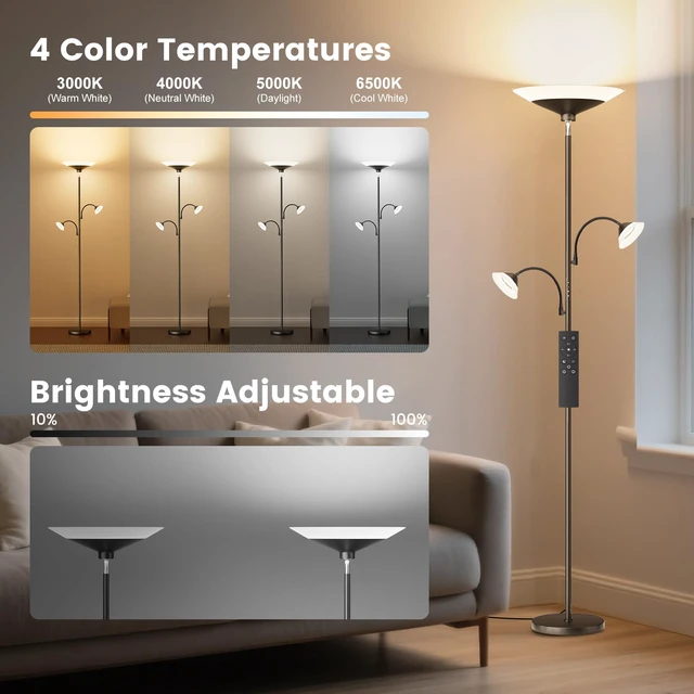 Alt view image 3 of 7 - 42W 3-Light Torchiere Floor Lamp, LED Tree Standing Lamp Dimmable Bright Floor Lamp with Remote, 2300LM, 3 Color Temperatures, 72" Tall, for Living Room, Bedroom and Office