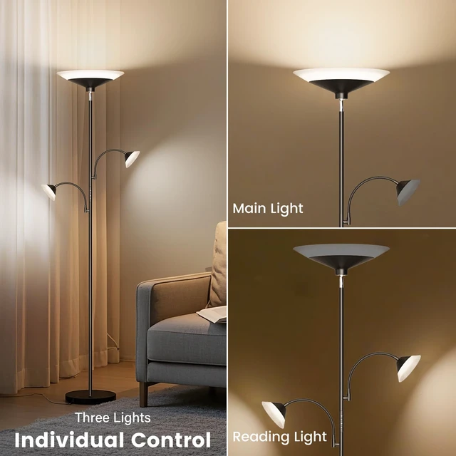 Alt view image 4 of 7 - 42W 3-Light Torchiere Floor Lamp, LED Tree Standing Lamp Dimmable Bright Floor Lamp with Remote, 2300LM, 3 Color Temperatures, 72" Tall, for Living Room, Bedroom and Office