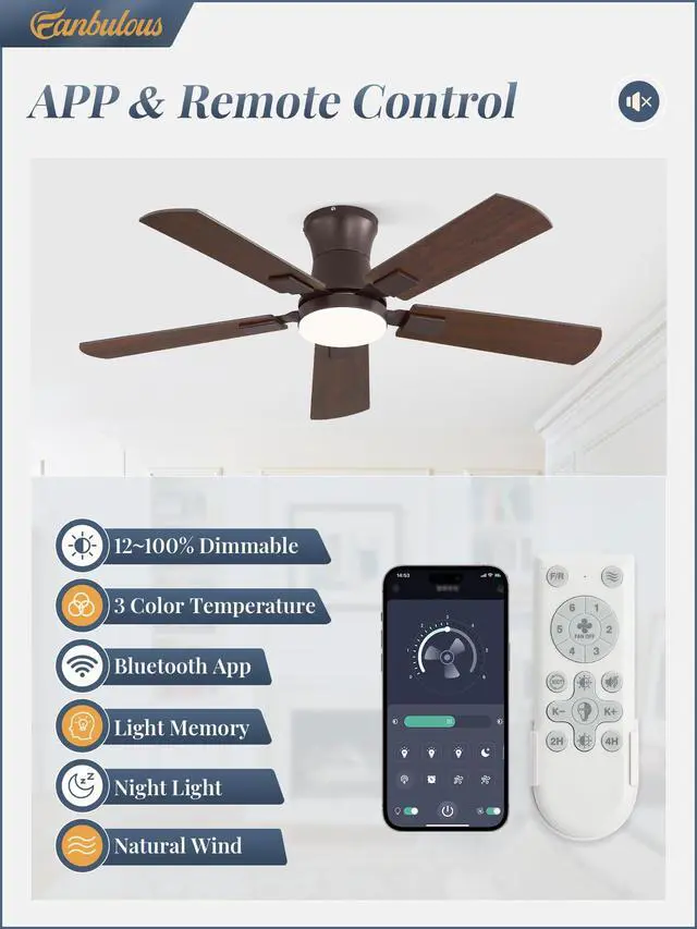 Alt view image 2 of 7 - 42 inch Ceiling Fan with Light, Low Profile, App & Remote Control Flush Mount, Stepless Dimming LED Light, Quiet Reversible DC Motor, Memory Function, Living Room, Bedroom, Patio, Oil Bronze