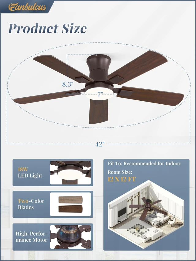 Alt view image 5 of 7 - 42 inch Ceiling Fan with Light, Low Profile, App & Remote Control Flush Mount, Stepless Dimming LED Light, Quiet Reversible DC Motor, Memory Function, Living Room, Bedroom, Patio, Oil Bronze