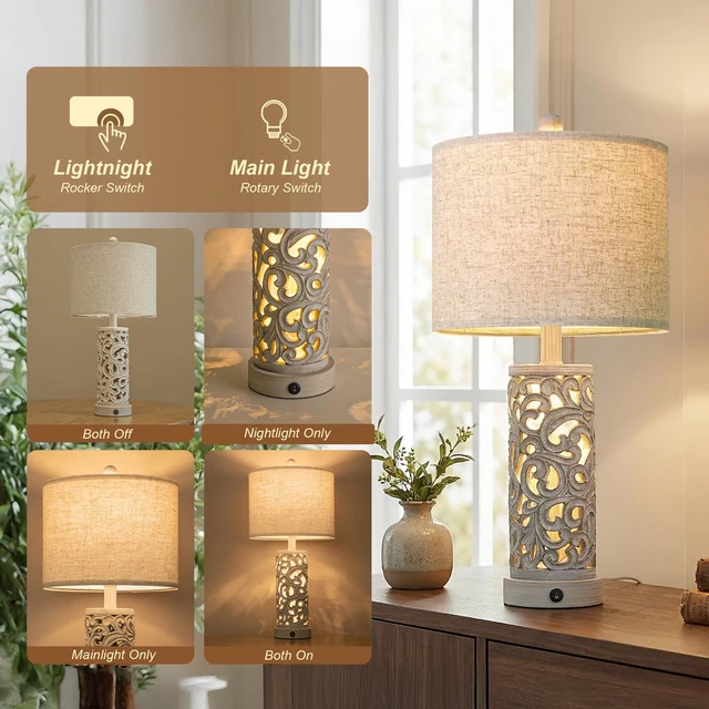 Alt view image 3 of 7 - Bedside Table Lamps Set of 2 with Night Light, 22'' Distressed Grey Bedroom Lamps for Nightstand,Hand-Carved Openwork,Built-in USB with Bulbs,Rustic Vintage Design,Ideal for Nursery Hallway