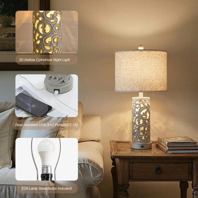 Alt view image 4 of 7 - Bedside Table Lamps Set of 2 with Night Light, 22'' Distressed Grey Bedroom Lamps for Nightstand,Hand-Carved Openwork,Built-in USB with Bulbs,Rustic Vintage Design,Ideal for Nursery Hallway