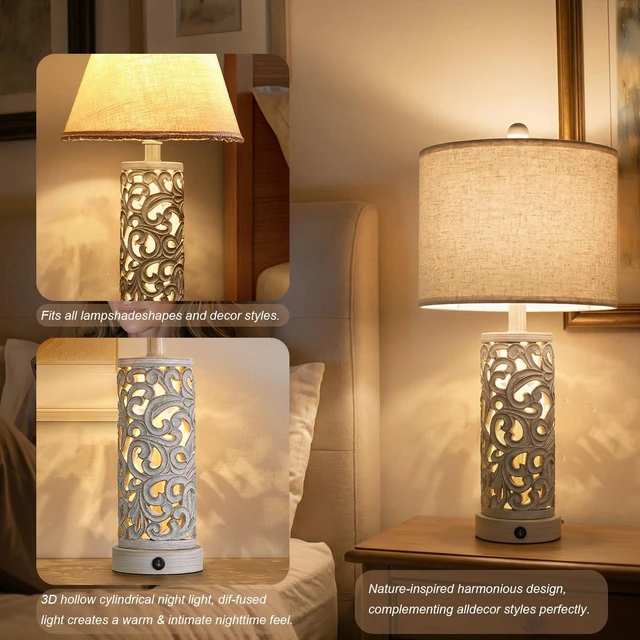 Alt view image 5 of 7 - Bedside Table Lamps Set of 2 with Night Light, 22'' Distressed Grey Bedroom Lamps for Nightstand,Hand-Carved Openwork,Built-in USB with Bulbs,Rustic Vintage Design,Ideal for Nursery Hallway