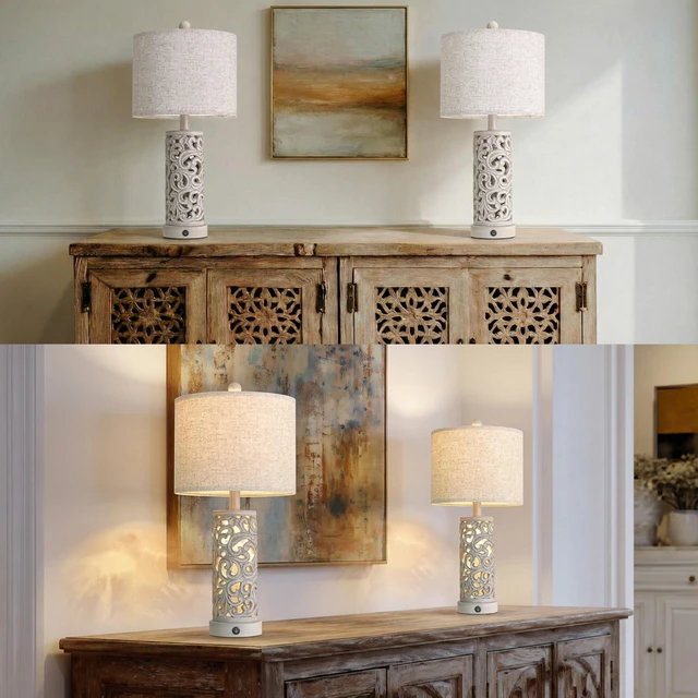 Alt view image 2 of 7 - Bedside Table Lamps Set of 2 with Night Light, 22'' Distressed Grey Bedroom Lamps for Nightstand,Hand-Carved Openwork,Built-in USB with Bulbs,Rustic Vintage Design,Ideal for Nursery Hallway