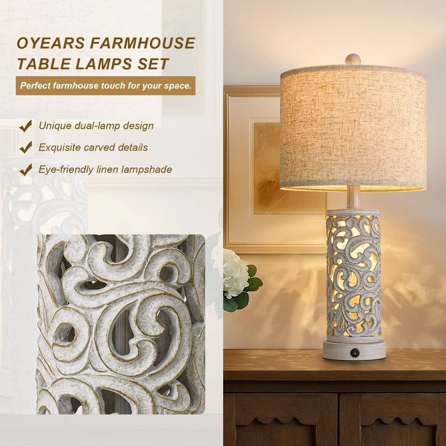 Alt view image 4 of 7 - 22'' Farmhouse Table Lamp for Living Room, Bedside Lamp with 2 USB Ports for Bedroom, Rustic Nightstand Lamp with Linen Lampshade for Office Hallway Home Decor, Distressed Grey (Bulb Included)