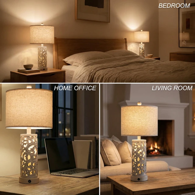 Alt view image 6 of 7 - Bedside Table Lamps Set of 2 with Night Light, 22'' Distressed Grey Bedroom Lamps for Nightstand,Hand-Carved Openwork,Built-in USB with Bulbs,Rustic Vintage Design,Ideal for Nursery Hallway