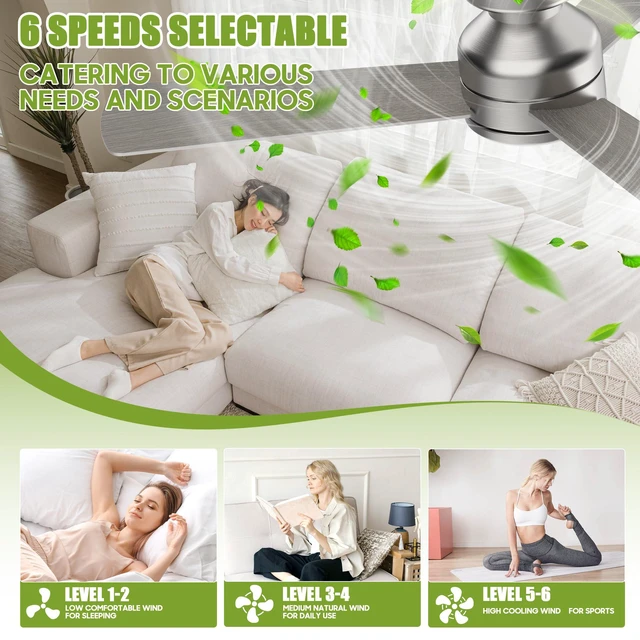Alt view image 2 of 7 - Ceiling Fans with Lights, 42" Modern Low Profile Ceiling Fan with Light and Remote Control, 3CCT, 6 Speeds Reversible DC Motor, Noiseless, Nickel LED Ceiling Fan for Bedroom, Living,Indoor/Outdoor Use