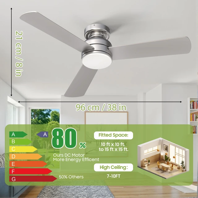 Alt view image 7 of 7 - Ceiling Fans with Lights, 42" Modern Low Profile Ceiling Fan with Light and Remote Control, 3CCT, 6 Speeds Reversible DC Motor, Noiseless, Nickel LED Ceiling Fan for Bedroom, Living,Indoor/Outdoor Use